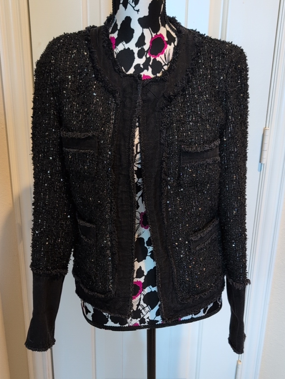 Nanette Lepore Black Tweed Sequin Trim Jacket
